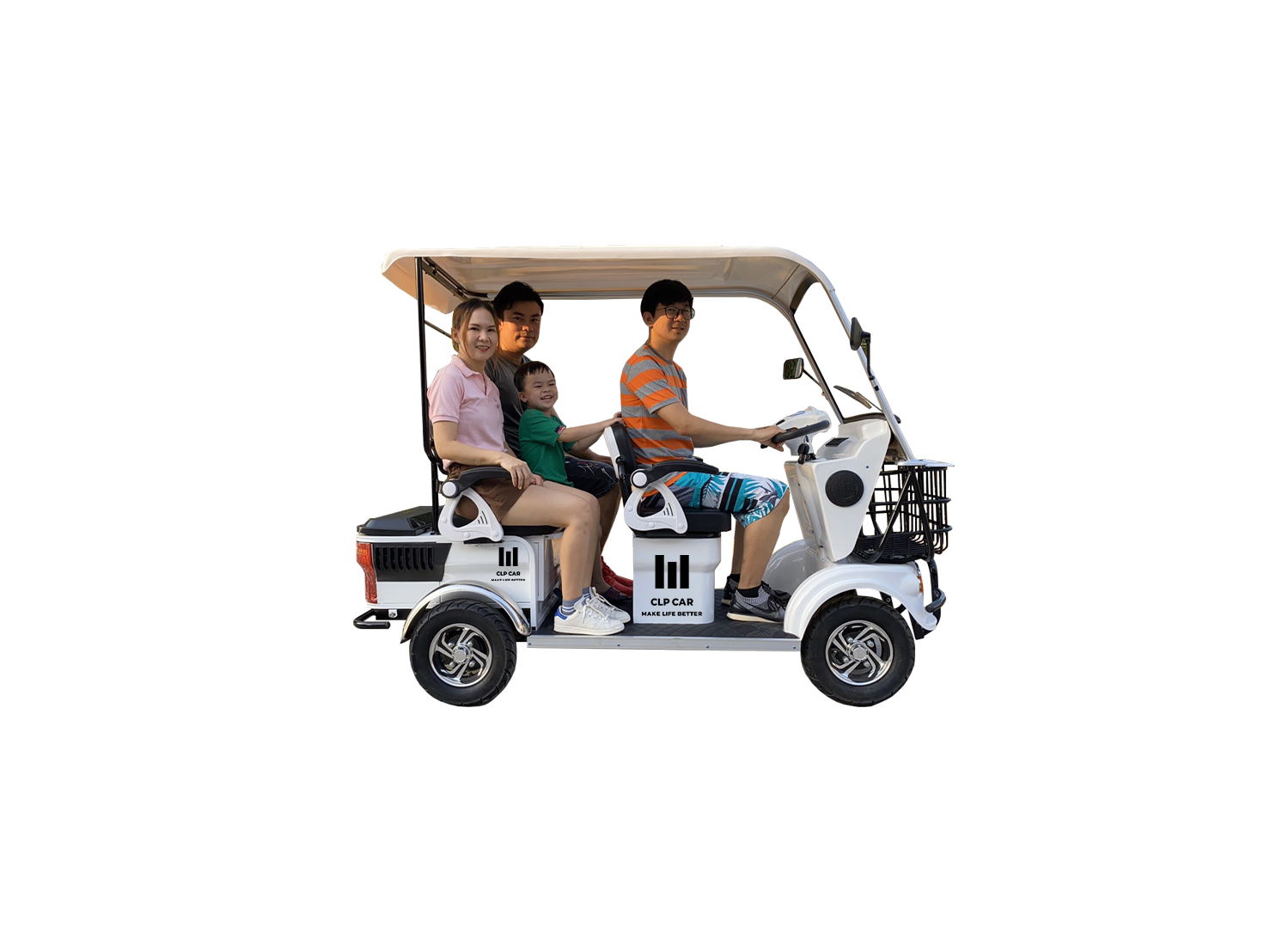 รถไฟฟ้า 4 ล้อ 3 ที่นั่ง รุ่น M-01 ยี่ห้อ CLP CAR สีขาว ขับแฮนด์บิด