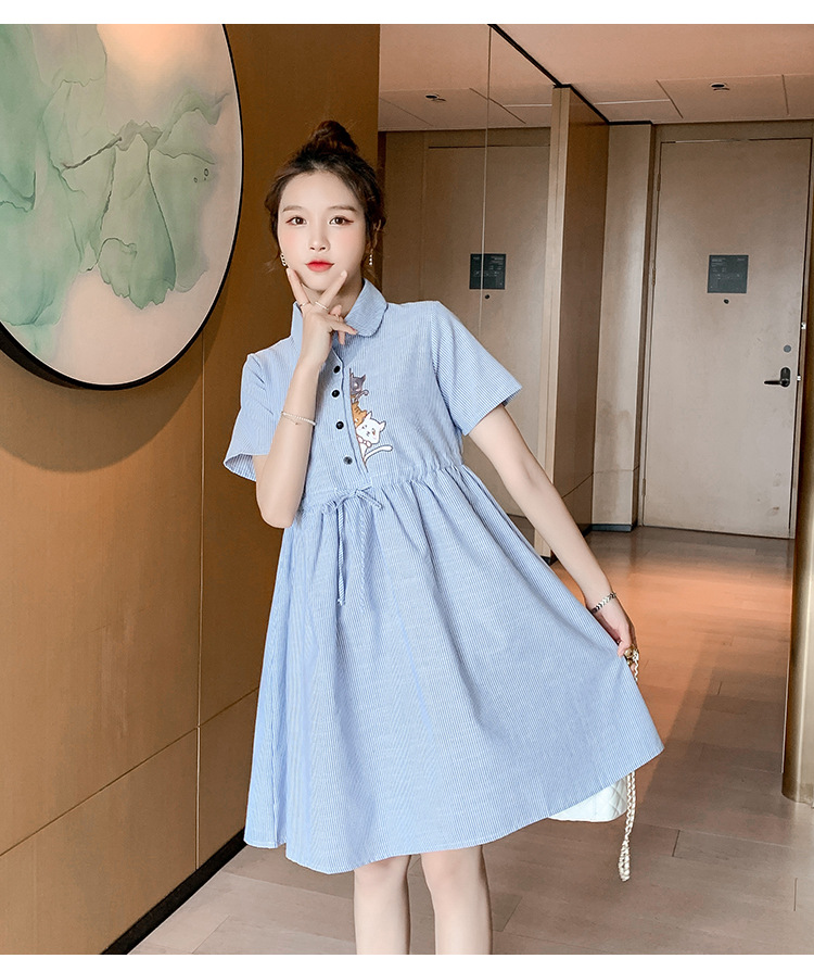 เดรสคลุมท้องแฟชั่นคอปกแขนสั้น ผ้าฝ้ายเหมียวน้อยน่ารัก ผ้าลายสวย มีเชือกปรับขนาดครรภ์ได้ กระดุมเปิดให้นมก็ได้ M L XL XXL