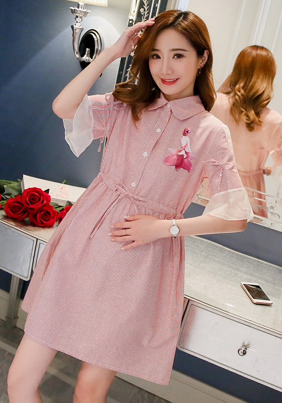 ชุดคลุมท้องสไตล์เกาหลีคอปก กระดุม แขนระบาย มีเชือกผูกด้านหน้าปรับขนาดครรภ์ได้ M L XL XXL