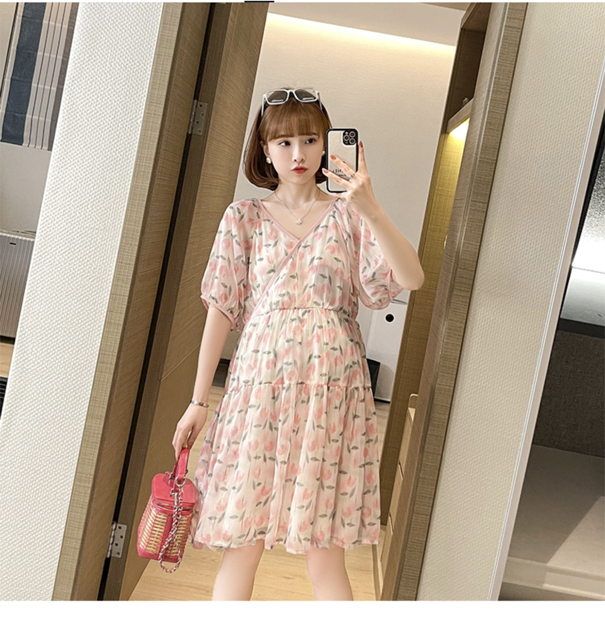 เดรสคลุมท้องแฟชั่นเกาหลี ผ้าชีฟอง ลายสวย เนื้อละเอียด เนื้อดี เปิดให้นมได้ น่ารักสดใสมากค่ะ M L XL XXL