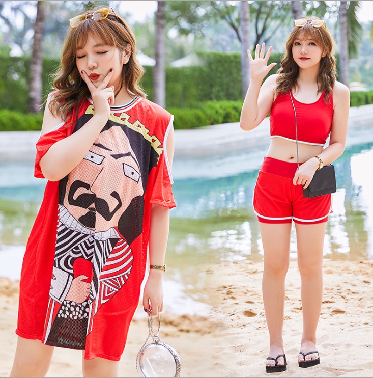 ชุดว่ายน้ำคนอ้วน 5xl พร้อมส่ง :ชุดว่ายน้ำไซส์ใหญ่สีแดงเว้าไหล่แต่งลายการ์ตูน set 3 ชิ้นมีบรา กางเกงขาสั้นและเสื้อคลุมสีสันสดใสแบบสวยมากๆจ้า:บรารอบอก38-48นิ้ว เอว34-44นิ้ว สะโพก42-54นิ้ว เสื้อคลุมรอบอกกว้าง50นิ้ว