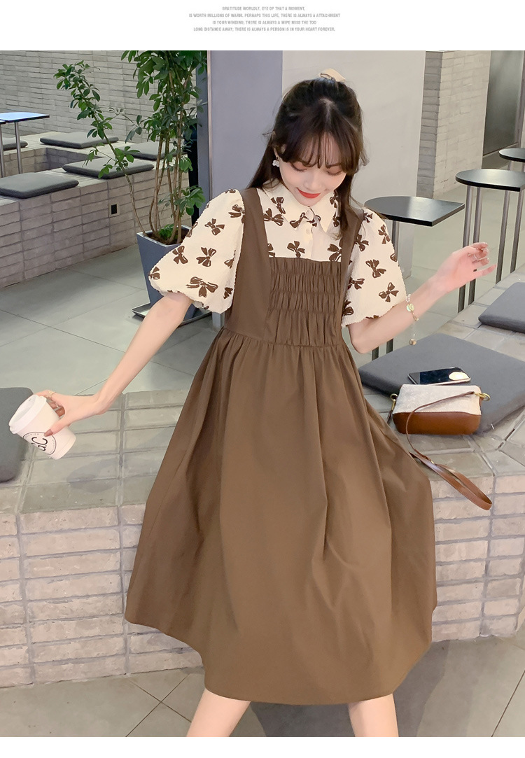 เดรสคลุมท้องแฟชั่น เอี๊ยมหลอก แขนตุ๊กตา ทรงดี น่ารัก รอบท้องรอบรับได้ถึงคลอด M L XL XXL