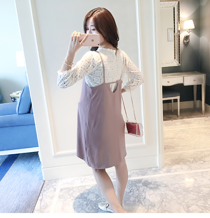 เอี๊ยมกระโปรงคลุมท้อง +เสื้อลูกไม้แขน4ส่วน ชุดสวยหรูน่ารัก ใส่ได้หลายงาน M,L,XL,XXL