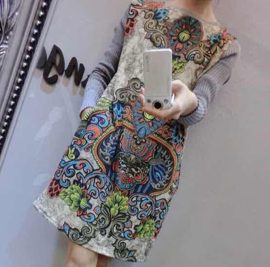 ชุดเดรสแฟชั่นพร้อมส่ง : เดรสสีเบจ แต่งลายกราฟฟิกสีสัน น่ารัก น่ารักจ้า