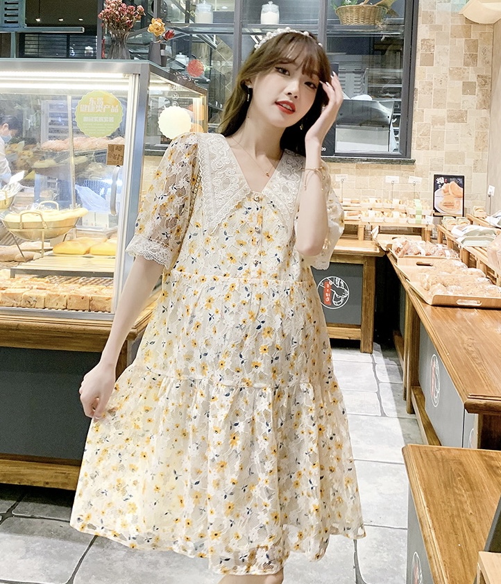 เดรสคลุมท้องแฟชั่น ปกใหญ่ ผ้าลูกไม้มีซับใน ปลายแขนและปก แต่งด้วยลูกไม้ ผ้าสวยใส่สบาย M L XL XXL