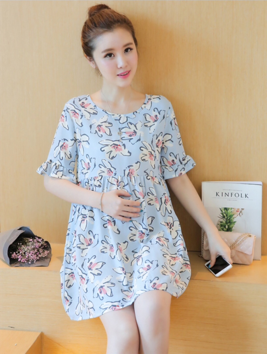 ชุดคลุมท้อง ลายดอกไม้หวานๆ S,M,L,XL