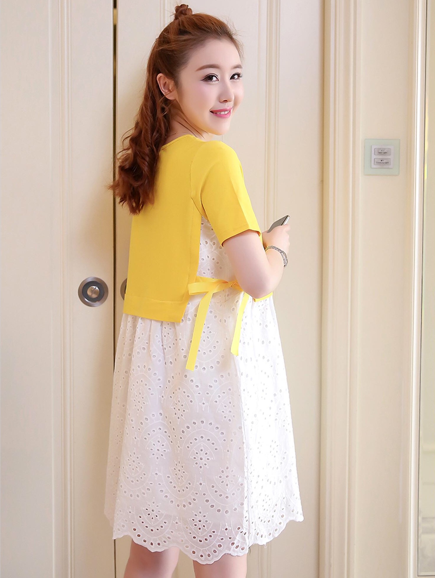 เดรสคลุมท้องแฟชั่น ช่วงบนเป็นผ้าContton นิ่ม ด้านล่างเป็นลูกไม้ ผูกข้าง เปิดให้นมแนวนอน M,L,XL,XXL