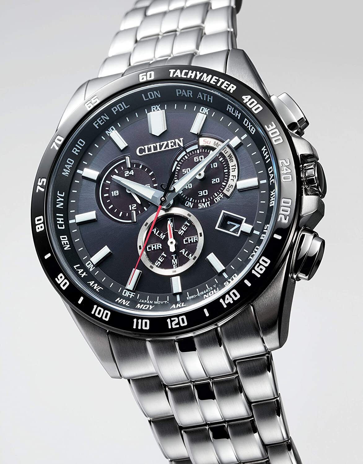 Citizen CB5874-90E นาฬิกาผู้ชาย Eco-Drive Perpetual World Time Chronograph GMT Radio Controlled Men's Watch