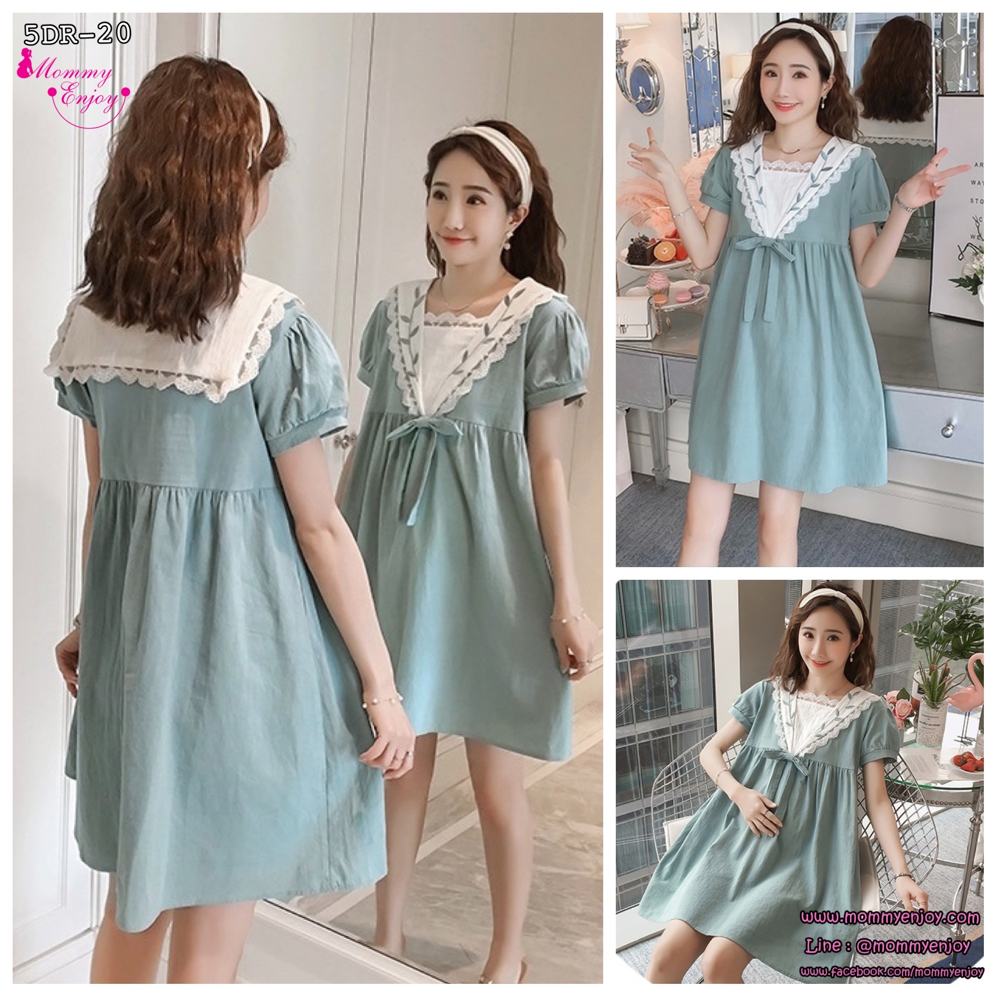 เดรสคลุมท้องแฟชั่น ผ้าฝ้ายลินิน คอกะลาสี ด้านหน้าประดับโบว์ แต่งด้วยลูกไม้ น่ารักเลยค่ะ M L XL XXL