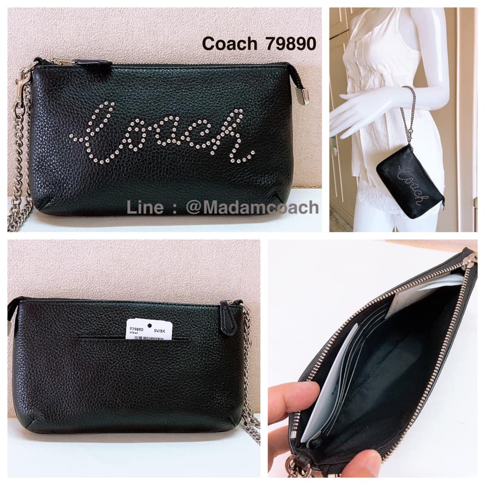 กระเป๋าคล้องมือ Coach 79890 Black Pebble Leather Script Wristlet ของแท้