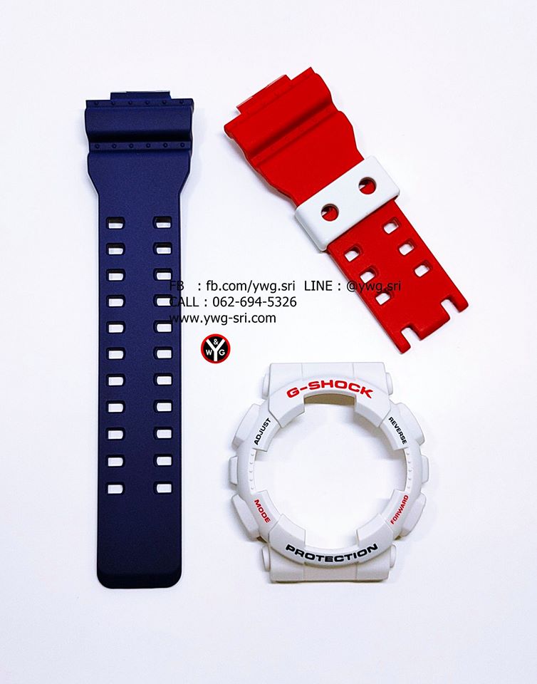 กรอบสาย G-SHOCK แท้ สีธงชาติ กรอบขาว สายน้ำเงินสลับแดง ใส่ได้กับรุ่น GA-100 ,GA-110 ,GA-120 ,GA-140 ,GAX-100 ,GD-100 ,GD-120
