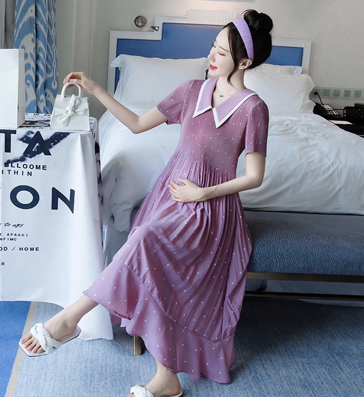 เดรสคลุมท้องแฟชั่น ผ้าชีฟองคอปก อัดพรีท มีซับใน ชุดยาว น่ารัก สีสวย M L XL XXL