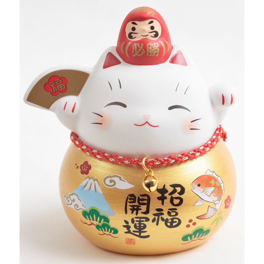 [พร้อมส่ง] แมวกวักญี่ปุ่น แมวสีขาว ตัวสีทอง ดารุมะสีแดง Size 9 cm แมวกวักนำโชค งานแฮนด์เมดญี่ปุ่น Lucky Cat Japan Handmade นำเข้าจากญี่ปุ่น