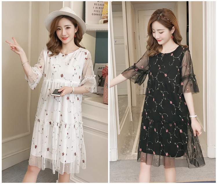 ชุดคลุมท้องเปิดให้นมแฟชั่น ผ้าชีฟอง ช่วงแขนซีทรู เปิดให้นมแนวนอน ลายดอกไม้ M L XL XXL