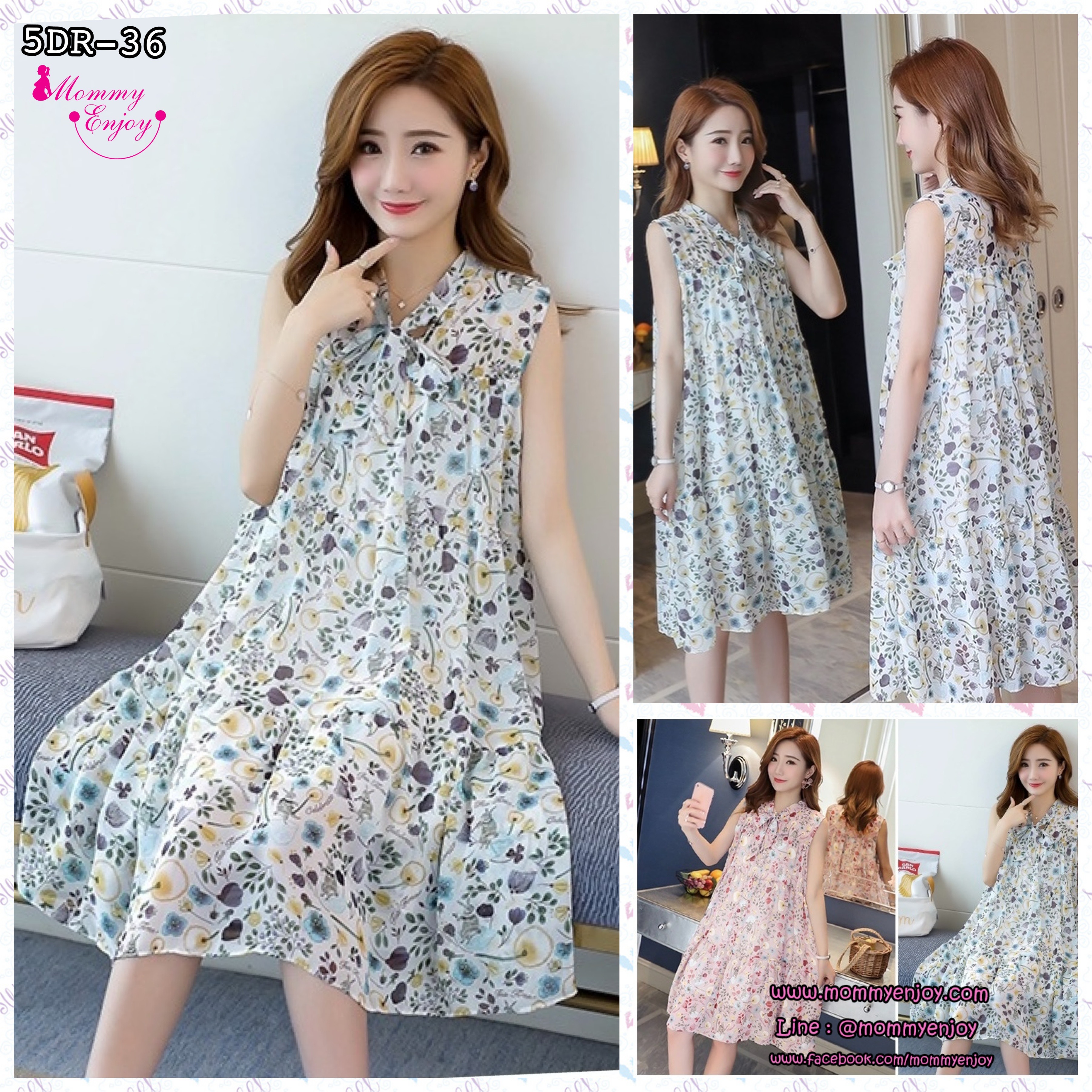 เดรสคลุมท้องแฟชั่นเกาหลี ผ้าชีฟอง แขนกุด มีซับใน ลายน่ารัก M L XL XXL