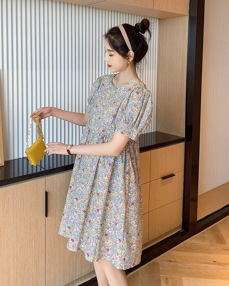 เดรสคลุมท้องแฟชั่นเกาหลี ผ้าฝ้าย ลายดอกวินเทจน่ารัก แขนตุ๊กตา ช่วงท้องระบาย ใส่ได้ถึงคลอด M L XL XXL