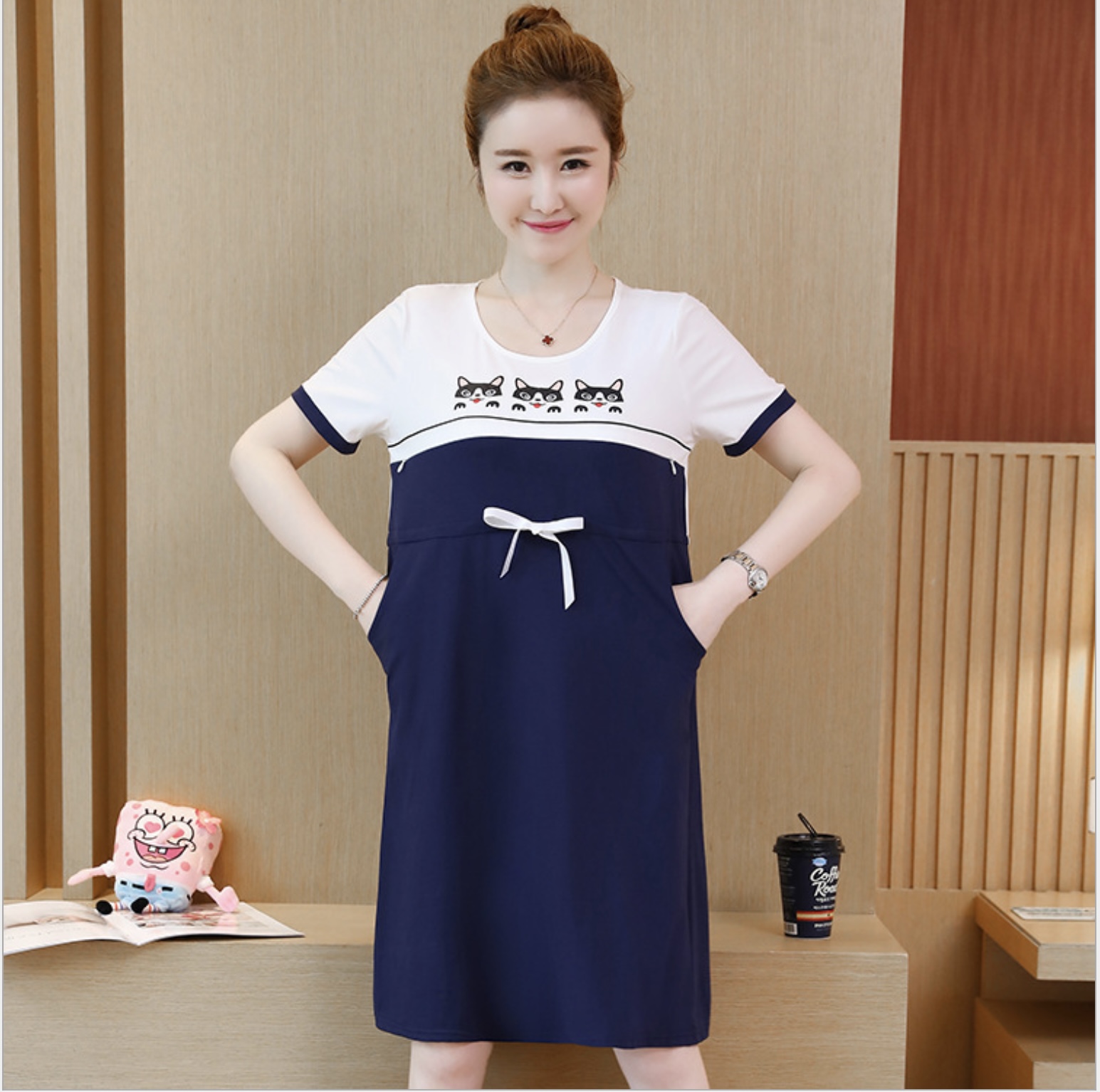 ชุดคลุมท้องเปิดให้นม แขนสั้น ลายแมวเหมียว ปรับขนาดได้ตามอายุครรภ์ M L XL XXL