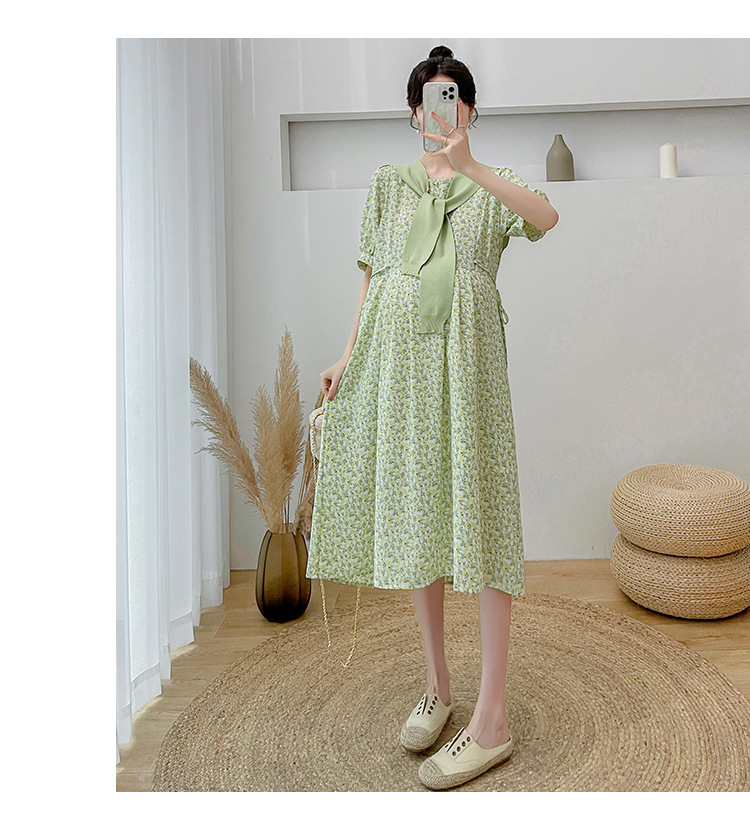 เดรสคลุมท้องแฟชั่น ผ้าชีฟอง พิมลาย ดอกไม้น่ารัก มีซับใน มีเชือกผูกปรับขนาดครรภ์ มีผ้าพันคอให้ด้วย M L XL XXL