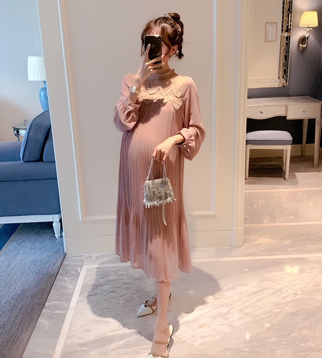 เดรสคลุมท้องแฟชั่นแขนยาว ผ้าชีฟอง คอลูกไม้ ช่วงไหล่ซีทรู พรีททั้งชุด มีซับใน M L XL,XXL