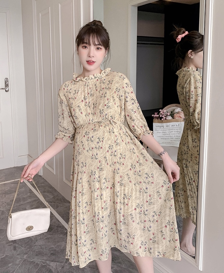 เดรสคลุมท้องแฟชั่น แขนจั้ม3ส่วน ผ้าชีฟองอัดพรีทเล็กช่วงบน สวยมาก มีซับใน มีเชือกผูกอิสระ M L XL XXL