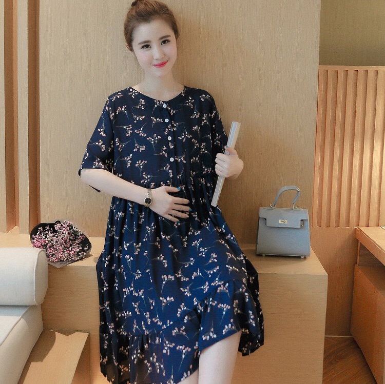 เดรสคนท้อง น้ำเงินลายดอกไม้ ผ้านิ่มใส่สบาย M,L,XL,XXL