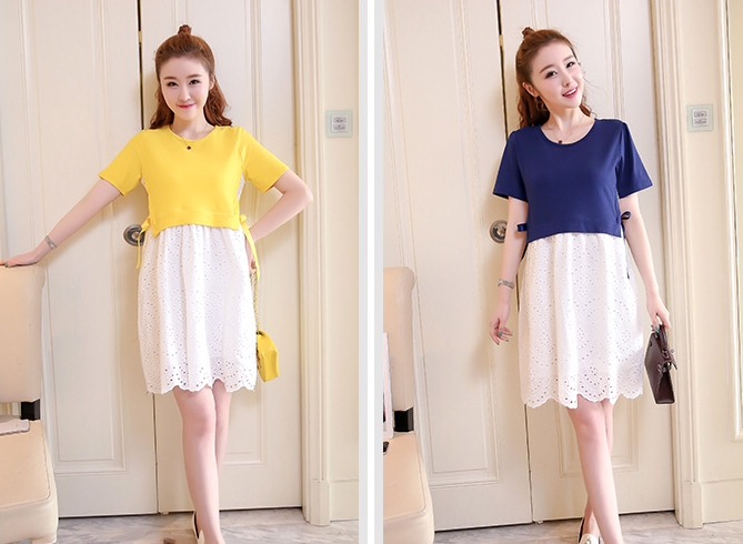 เดรสคลุมท้องแฟชั่น ช่วงบนเป็นผ้าContton นิ่ม ด้านล่างเป็นลูกไม้ ผูกข้าง เปิดให้นมแนวนอน M,L,XL,XXL