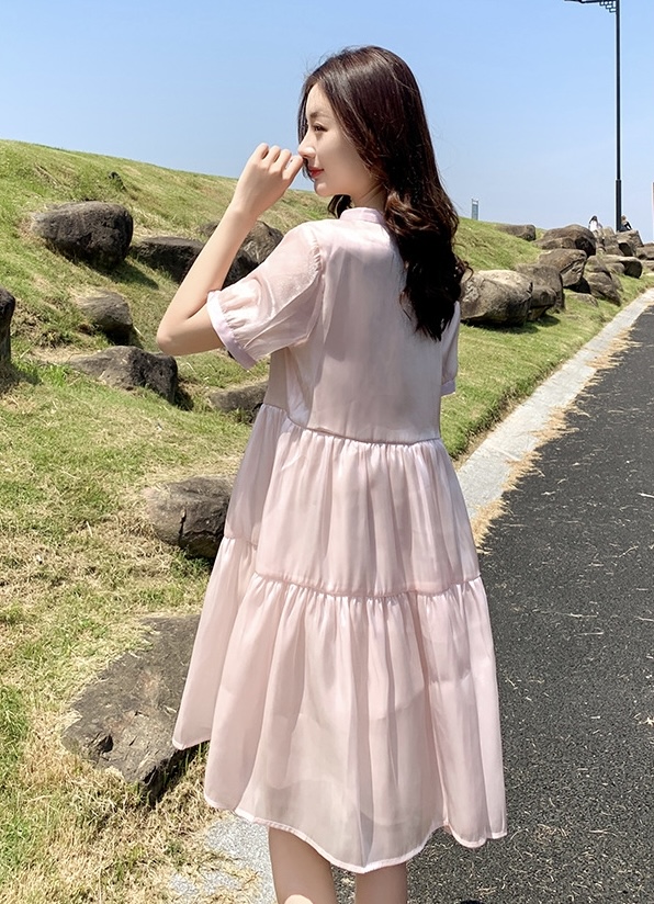 เดรสคลุมท้องแฟชั่นเกาหลี ผ้าไหมแก้ว เนื้อละเอียด มีซับใน ผูกโบว์ที่คอ M L XL XXL