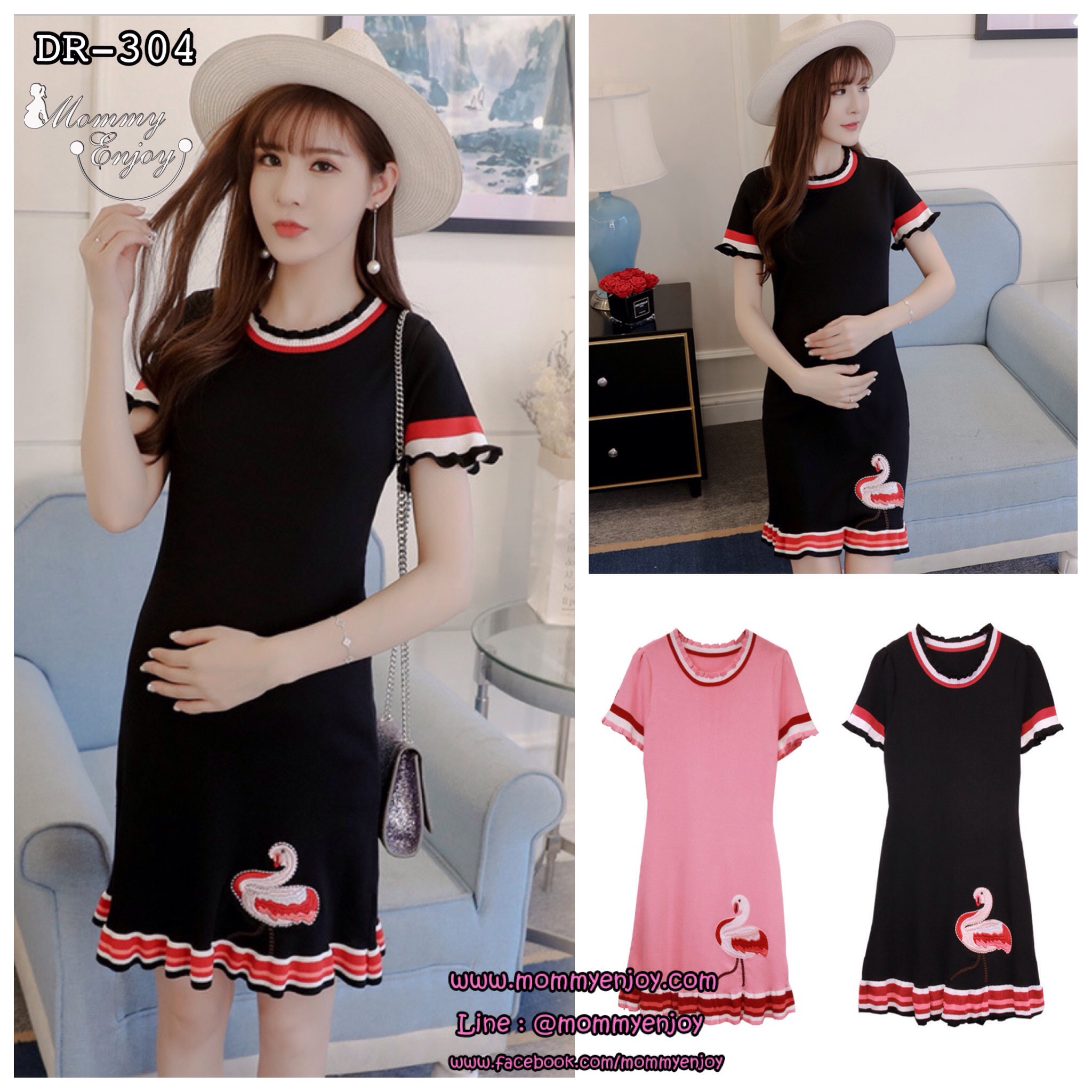 เดรสคลุมท้องแฟชั่นไหมพรม ลายนกฟลามิงโก้ ชุดน่ารัก ใส่เข้ารูป น่ารักมากจ้า