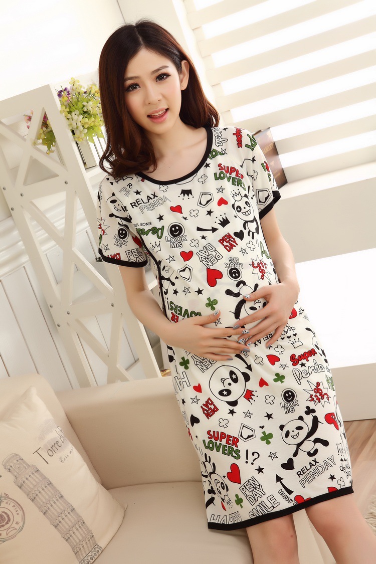 เดรสคลุมท้องเปิดให้นม ผ้ายืดนิ่มลายการ์ตูนแพนด้า ใส่สบายไม่ร้อน ใส่นอนก็น่ารัก