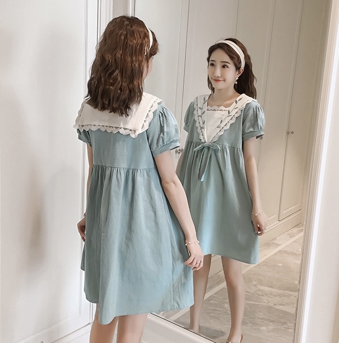 เดรสคลุมท้องแฟชั่น ผ้าฝ้ายลินิน คอกะลาสี ด้านหน้าประดับโบว์ แต่งด้วยลูกไม้ น่ารักเลยค่ะ M L XL XXL