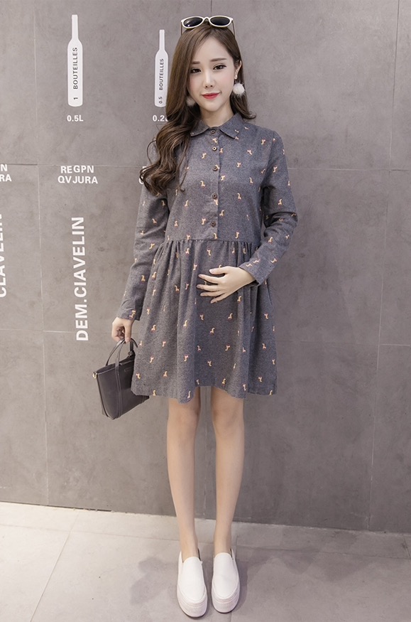 ชุดคลุมท้องแฟชั่นเกาหลี คอปกแขนยาว ลายยีราฟ กระดุมเปิดได้ M L XL XXL