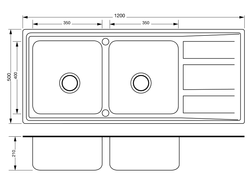 อ่างซิงค์2หลุม+พัก ขนาด 1200 x 500 มม. รุ่น MEGAN สะดือB ซิงค์ล้างจานสแตนเลส 2 หลุม 1 ที่พัก แท้100%