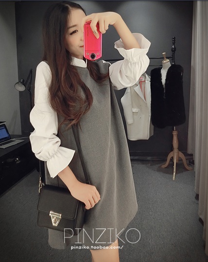 ((พร้อมส่ง)) เสื้อผ้าแฟชั่นผู้หญิง : เดรสสีเทาแฟชั่น แต่งแขนสีขาวระบายที่ปลายแขน น่ารัก น่ารักจ้า