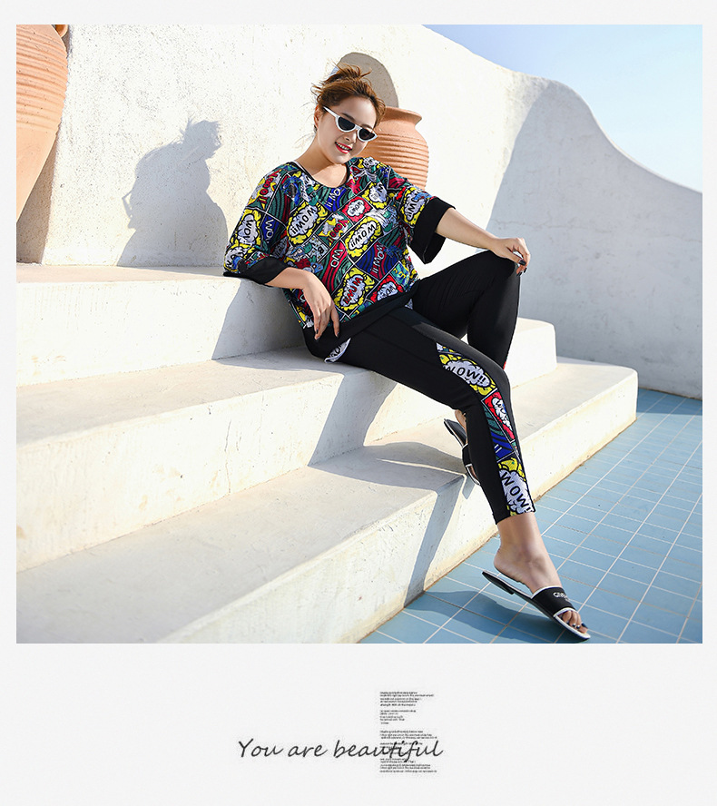 ชุดว่ายน้ำคนอ้วน 6xl แบบสปอร์ตพร้อมส่ง :ชุดว่ายน้ำไซส์ใหญ่สีดำขายาวแต่งลายการ์ตูน set 3ชิ้นมีบรา กางเกงขายาวซ้อนกางเกงขาสั้นและเสื้อคลุมแบบสวยมากๆจ้า: ขนาด- บรารอบอก 42 - 50 นิ้ว- เอว 34 - 44 นิ้ว- สะโพก 44 - 54 นิ้ว - เสื้อคลุมรอบอกกว้าง 56 นิ้ว