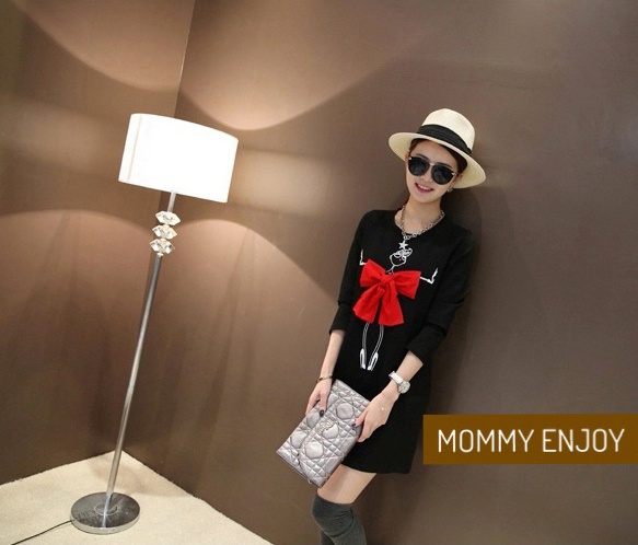 ชุดคลุมท้อง เดรสแขนยาว โบว์ใหญ่แดงกลางอกสวยเด่น M,L,XL,XXL