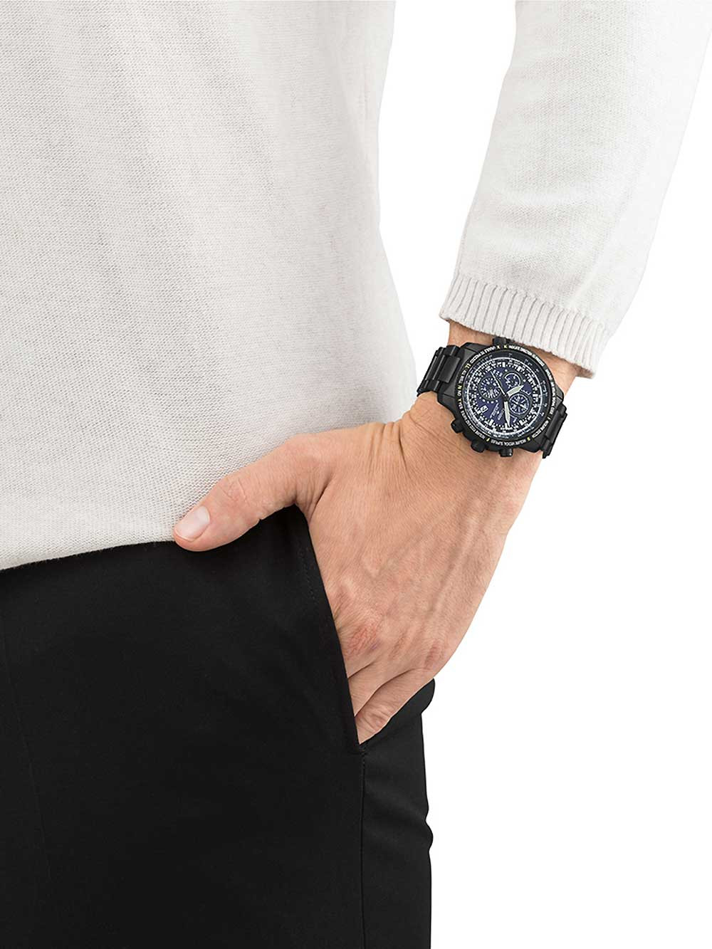 Citizen AT8195-85L นาฬิกาผู้ชาย Eco-Drive Promaster Sky Radio Controlled Super Titanium Chronograph Perpetual Calendar World Time Pilot Men's Watch