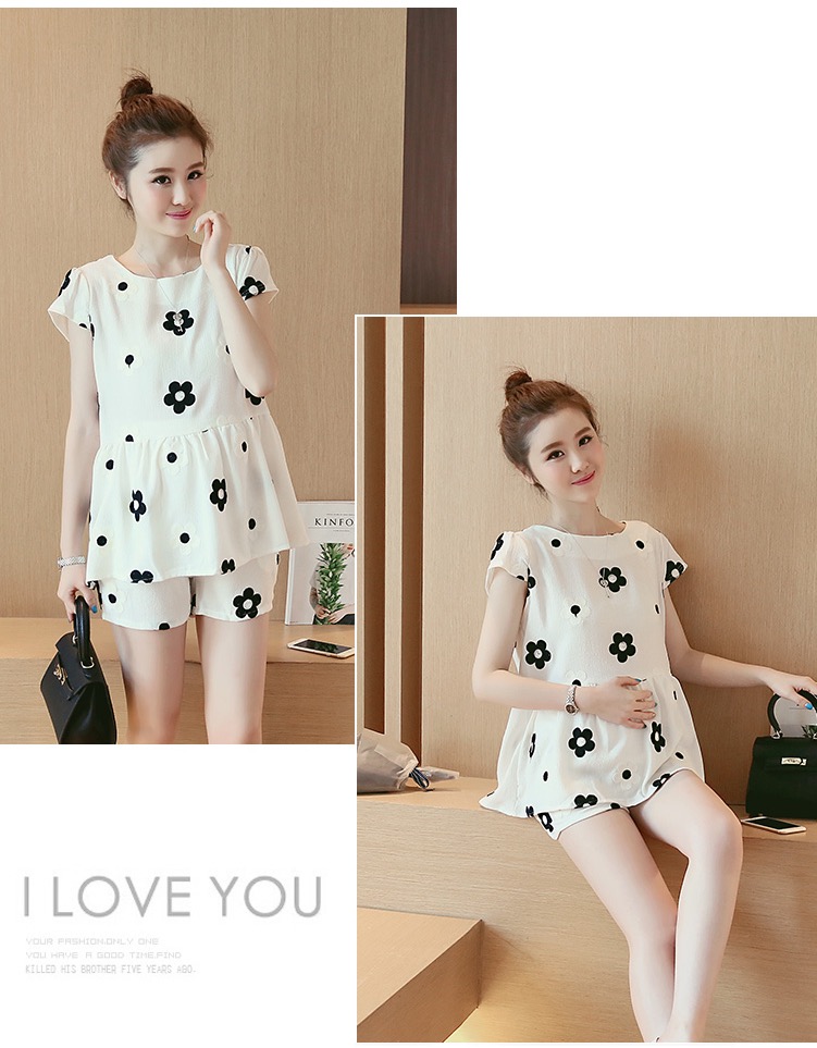 ชุดเสื้อ+กางเกงคนท้อง ผ้าชีฟอง ลายดอกไม้ 3มิติ กางเกงมีสายปรับขนาดภรรภ์ M,L,XL,XXL