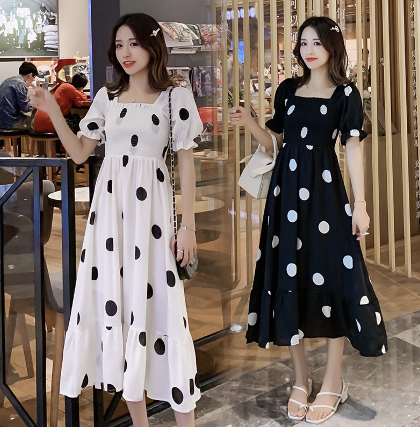 เดรสคลุมท้องแฟชั่นผ้าชีฟอง ช่วงอกสม๊อค แขนตุ๊กตา ด้านหลังผูกโบว์ น่ารักมากค่ะ M L XL XXL