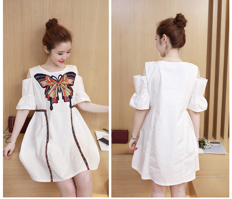 เดรสคนท้องเปิดไหล่ ผ้าฝ้ายเนื้อละเอียด ผีเสื้อใหญ่ สวยค่ะ M,L,XL,XXL