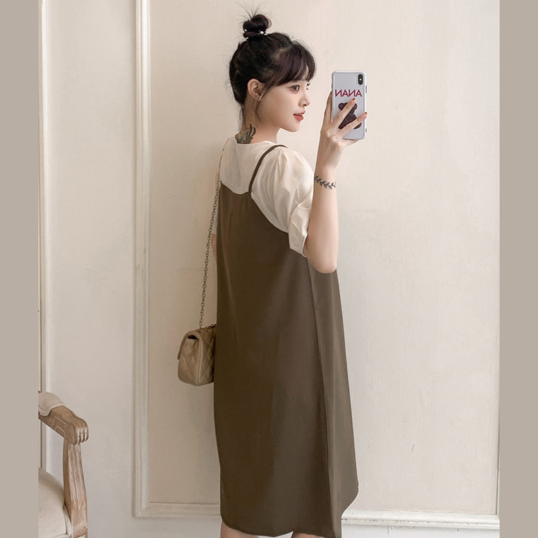 เดรสคลุมท้องแฟชั่น เอี๊ยมหลอก ผ้าชีฟอง เนื้อนิ่ม สวยเรียบ ดูดีทุกโอกาส น่ารัก ใส่สบายมากค่ะ M L XL XXL