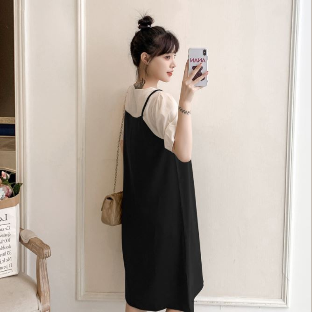 เดรสคลุมท้องแฟชั่น เอี๊ยมหลอก ผ้าชีฟอง เนื้อนิ่ม สวยเรียบ ดูดีทุกโอกาส น่ารัก ใส่สบายมากค่ะ M L XL XXL