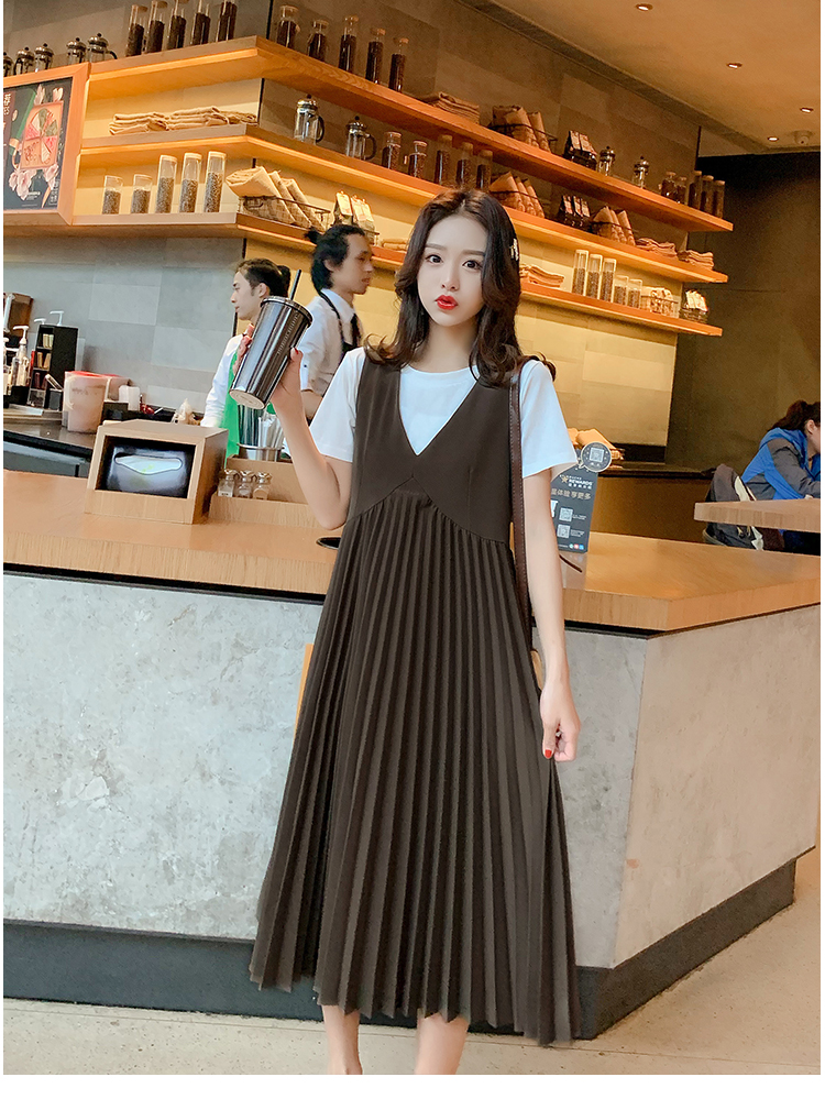 เอี๊ยมกระโปรงคลุมท้องยาว + เสื้อ ผ้ายืดทิ้งตัว ช่วงกระโปรงจีบรอบ M L XL XXL