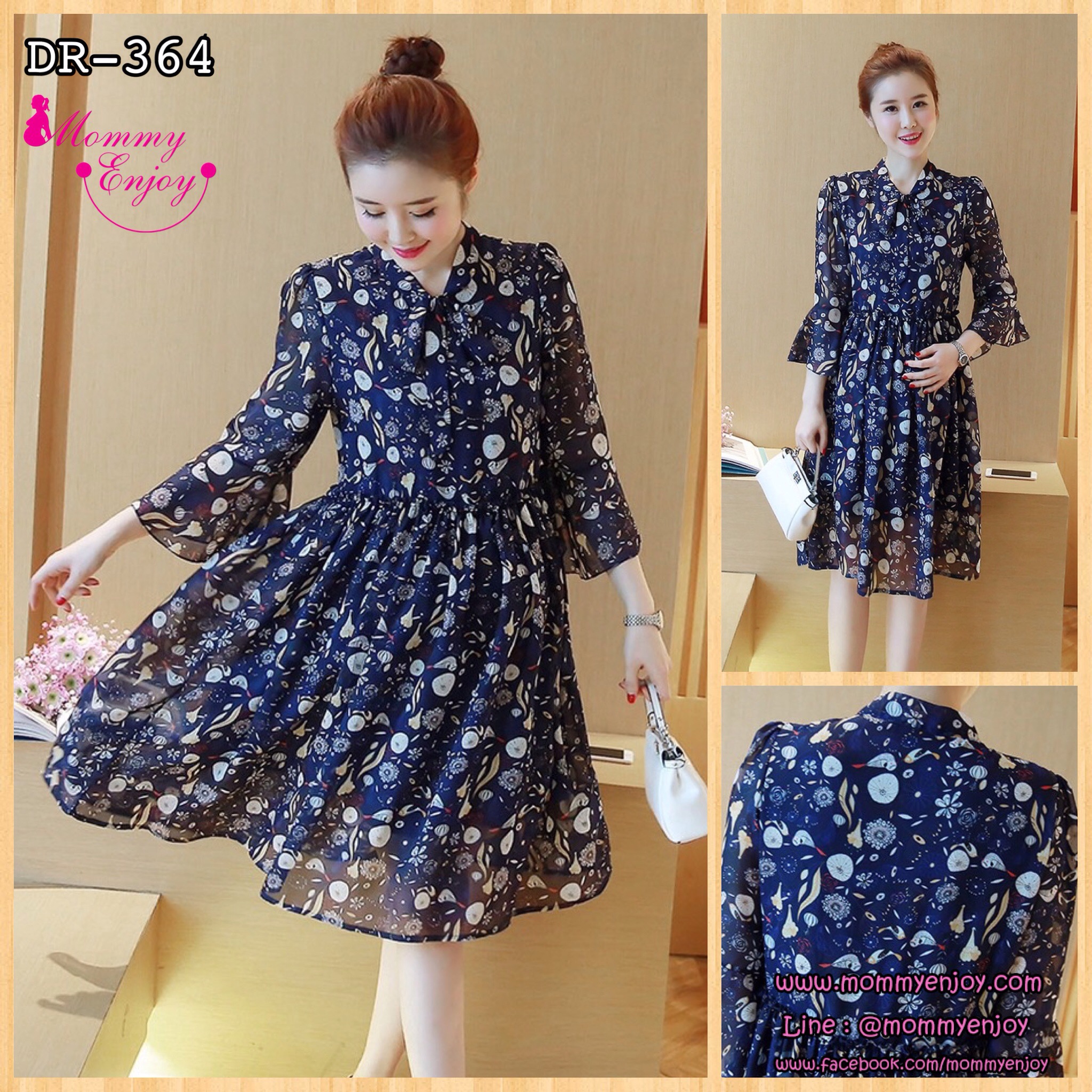 เดรสคลุมท้องแฟชั่นผ้าชีฟอง แขน4ส่วนระบาย ลายน่ารัก มีโบว์ที่คอ มีซับใน M L XL,XXL