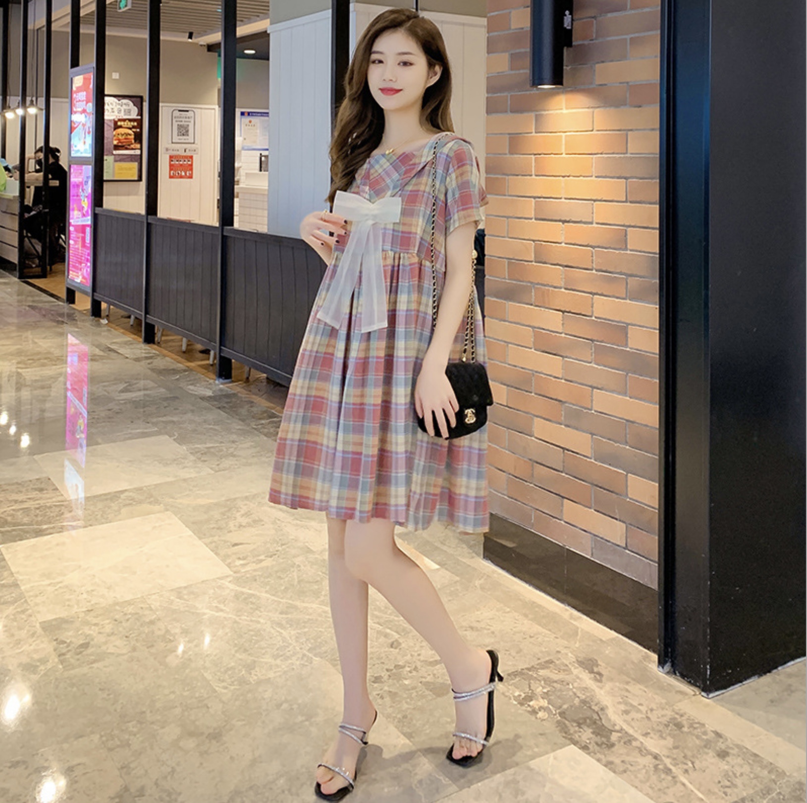 ชุดคลุมท้องเปิดให้นม แขนสั้น ลายสก๊อต มีโบว์ที่คอ ชุดนี้น่ารักมาก M L XL XXL