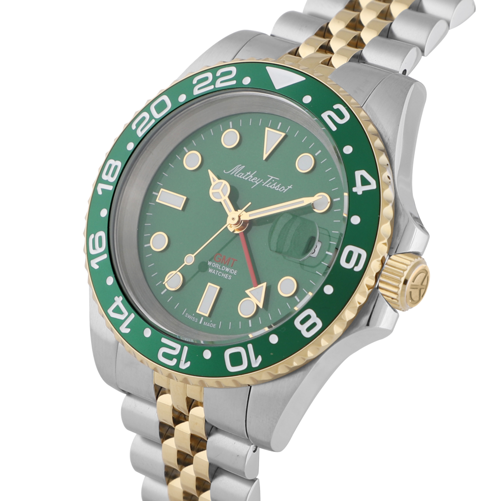Mathey-Tissot H903BBV นาฬิกาผู้ชาย Vintage GMT Two-Tone Green Quartz Men's Watch
