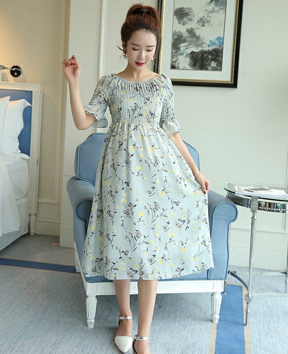 ชุดคลุมท้องเกาหลี สม๊อคเปิดไหล่ก็ได้ แขน3ส่วน ปลายแขนระบาย M,L,XL,XXL