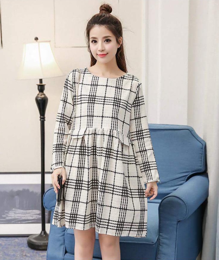 เดรสคลุมท้องเปิดให้นมแบบซิป แขนยาว ทรงน่ารัก สีเบจ M,L,XL,XXL