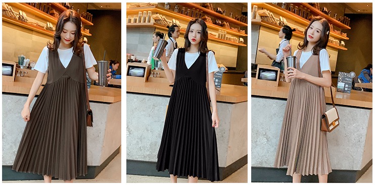 เอี๊ยมกระโปรงคลุมท้องยาว + เสื้อ ผ้ายืดทิ้งตัว ช่วงกระโปรงจีบรอบ M L XL XXL