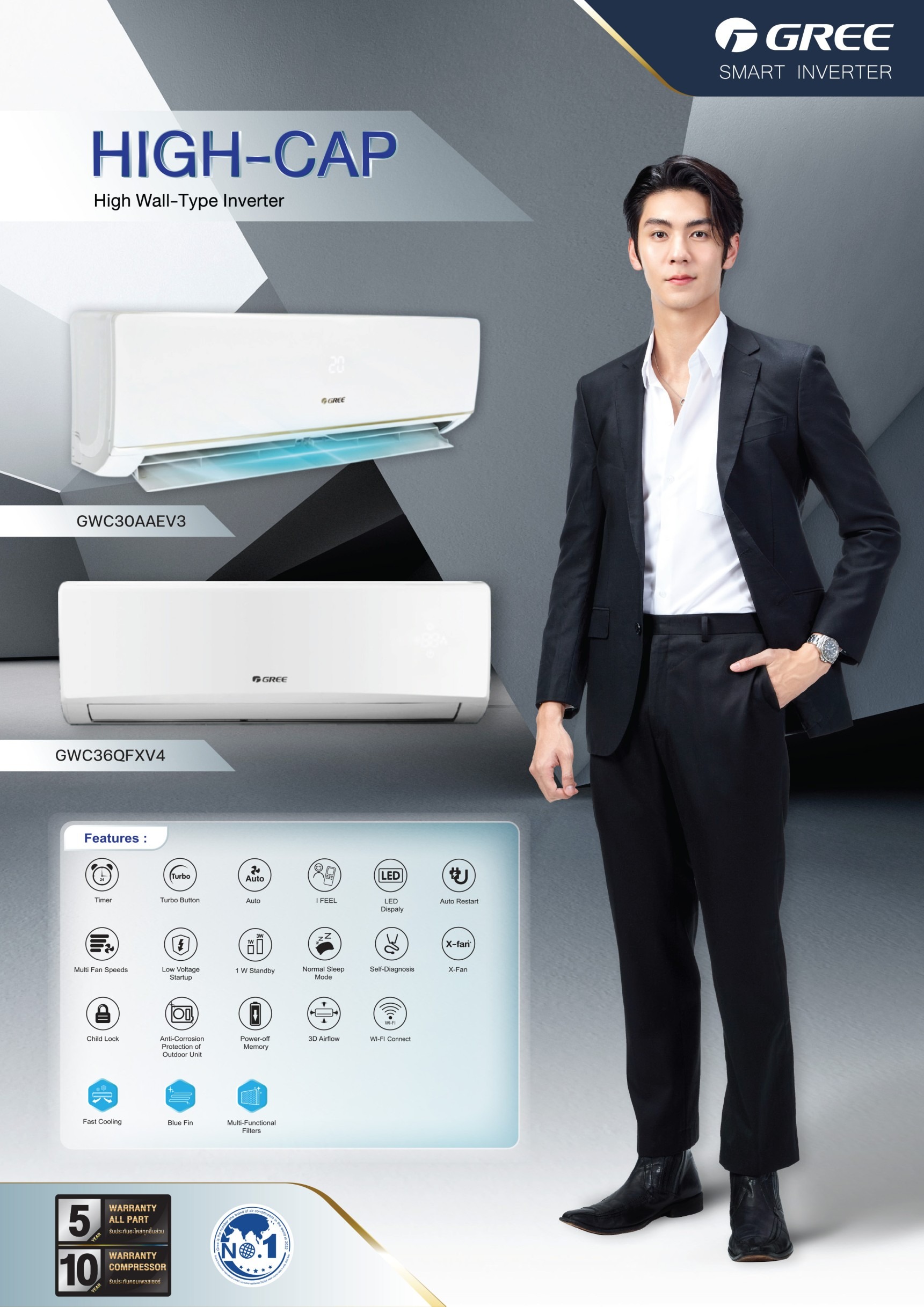 เครื่องปรับอากาศ GREE แบบติดผนัง ขนาด 30,551 BTU รุ่น GWC30AAEV3 (HIGH-CAP) INVERTER