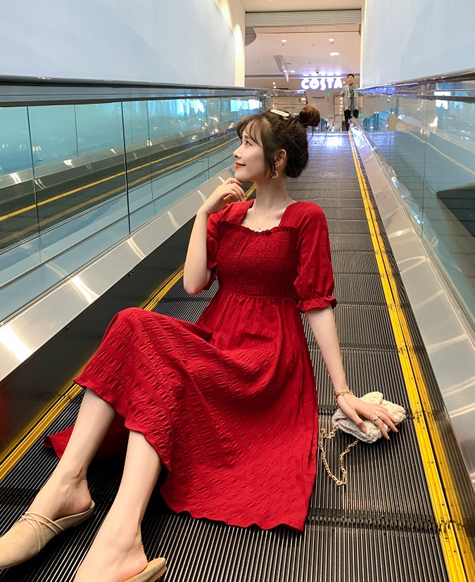 เดรสคลุมท้องแฟชั่น ช่วงอกสม๊อค แขนสั้น เนื้อผ้าทำย่นน่ารัก M L XL XXL